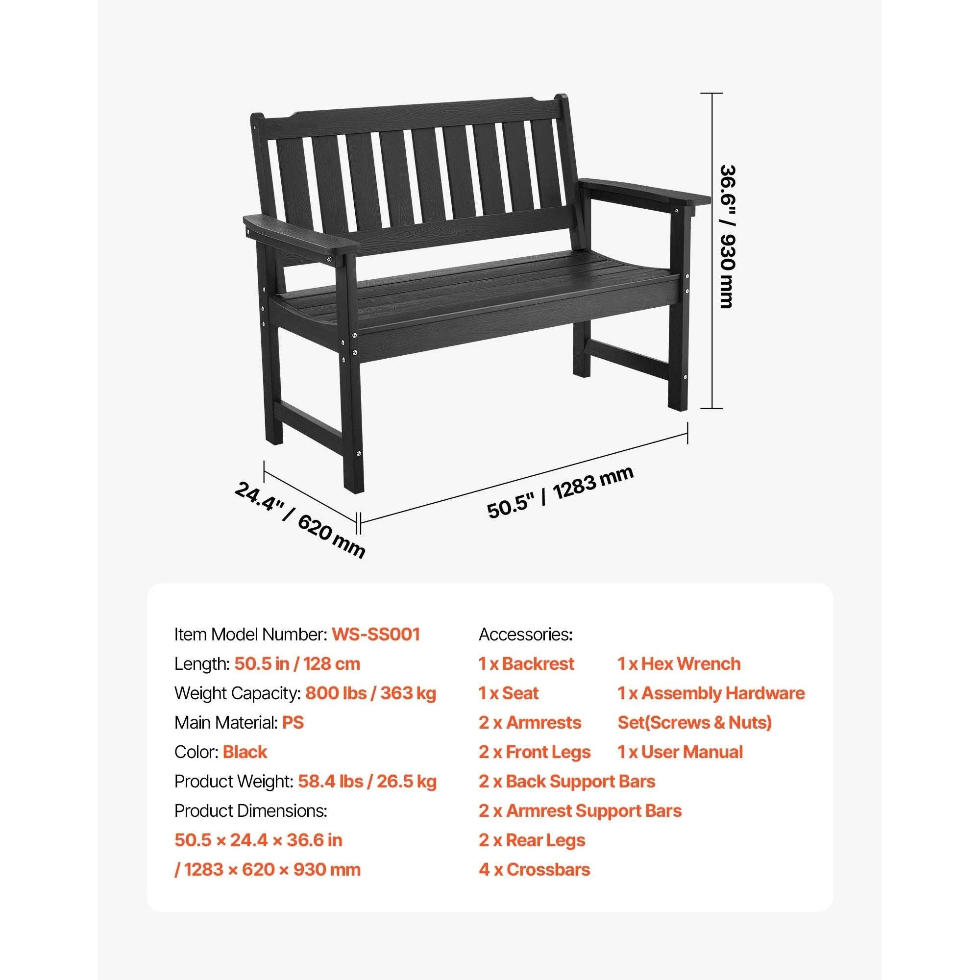 Outdoor Garden Bench with Backrest 480 lb Capacity Patio Seating-Metal C 127cm / france
