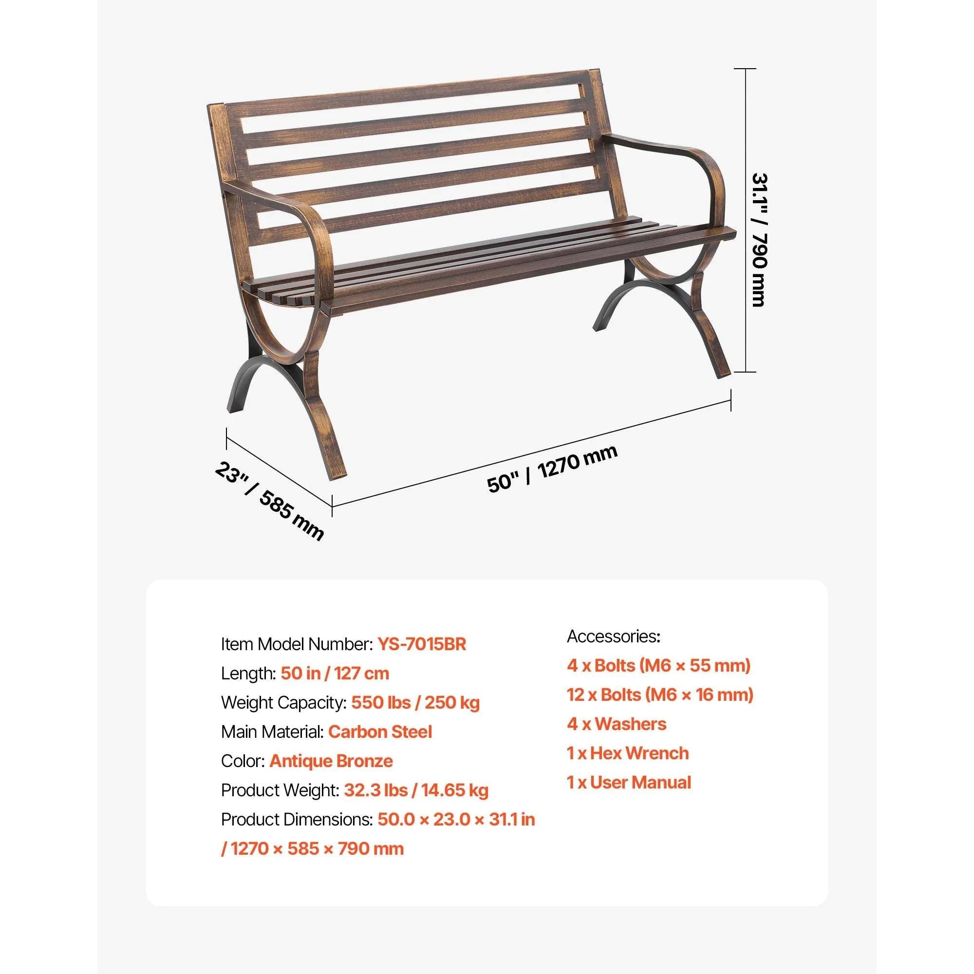 Outdoor Garden Bench with Backrest 480 lb Capacity Patio Seating-Metal C 127cm / france