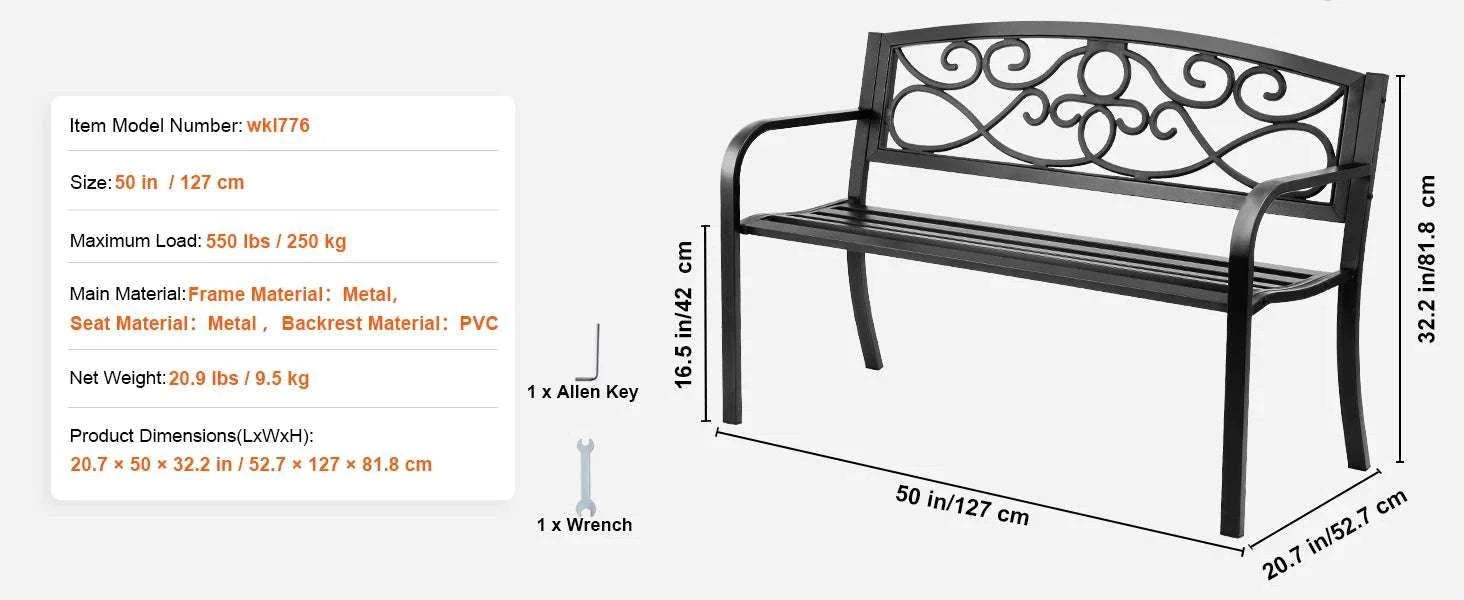 Outdoor Garden Bench with Backrest 480 lb Capacity Patio Seating-Metal C 127cm / france