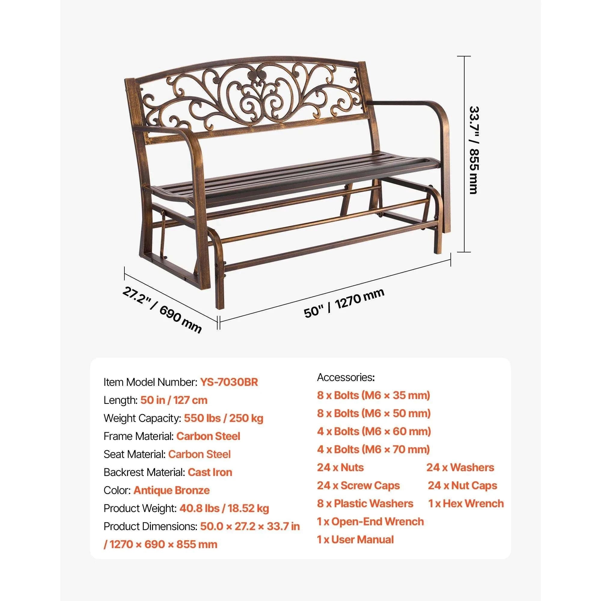 Outdoor Garden Bench with Backrest 480 lb Capacity Patio Seating-Metal C 127cm / france