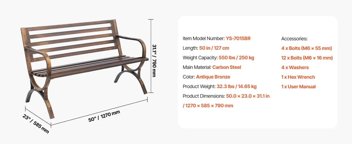 Outdoor Garden Bench with Backrest 480 lb Capacity Patio Seating-Metal C 127cm / france