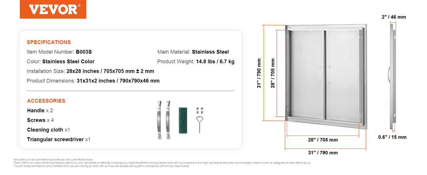 Stainless Steel BBQ Access Door Double Flush Mount Outdoor Cabinet Door