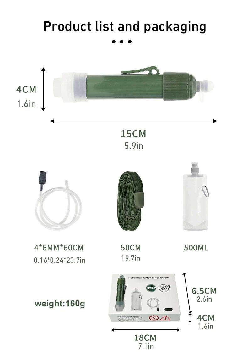 Outdoor Mini Water Filter Straw Set for Camping and Emergencies-Green