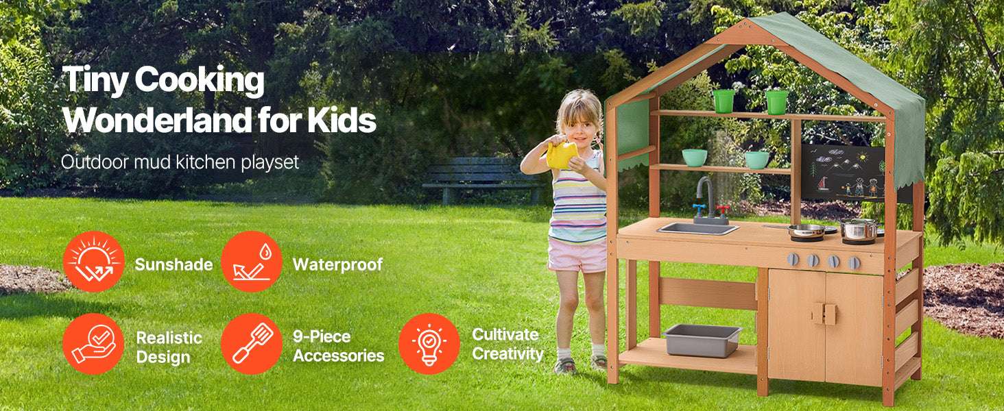 Outdoor Mud Kitchen Playset with Canopy, Faucet & Cookware Set-1Set / United States