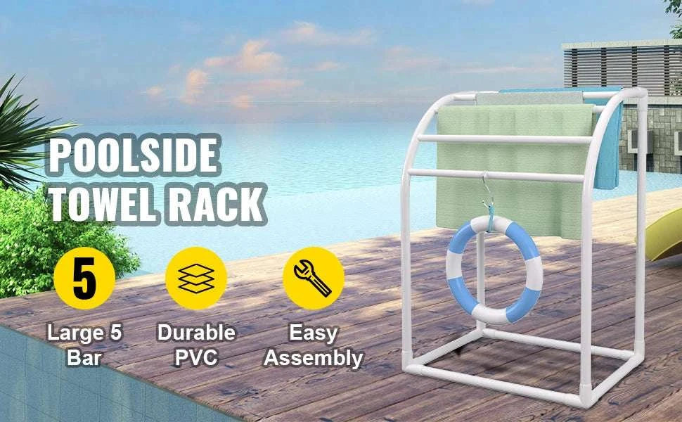 Outdoor Pool Towel Rack with 5–8 Bars, PVC Freestanding Organizer-T Shape 5 Bar / United States
