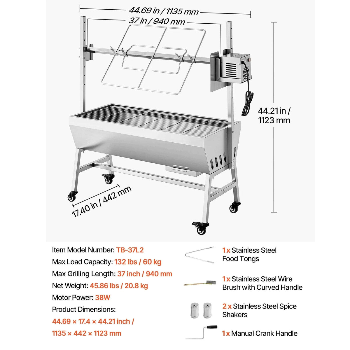Outdoor Rotisserie Grill with 132 lbs Load Capacity-37inch / spain