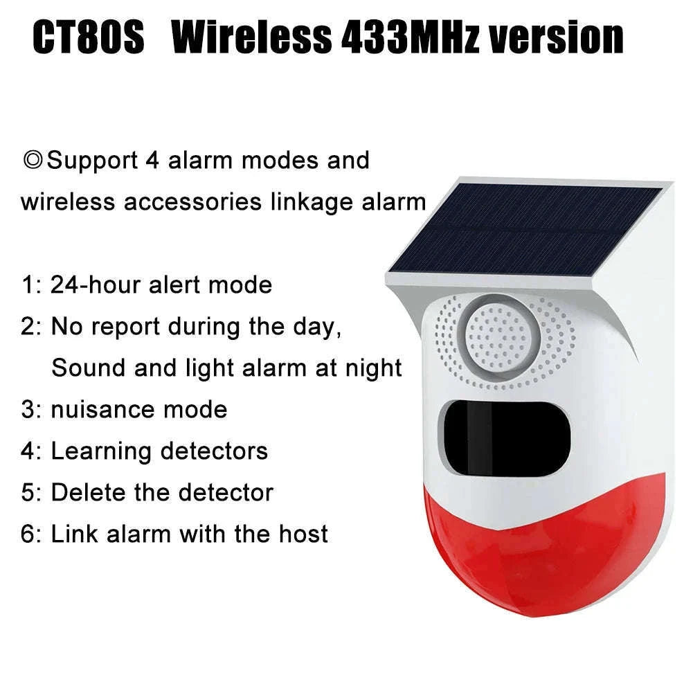 Outdoor Solar PIR Infrared Alarm with WiFi, 433MHz Options-CT80D