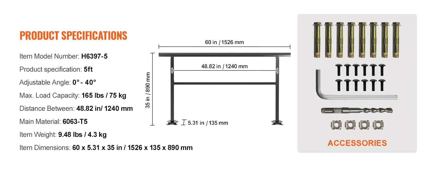 Outdoor Stair Handrail for 2–3 Steps, Adjustable Aluminum Railing-3 FT / United States