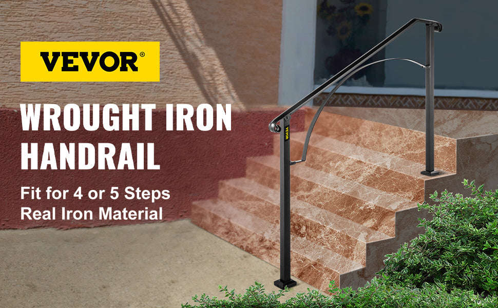 Outdoor Stair Handrail for 4 or 5 Steps, Wrought Iron, Black-4or5Steps / United States