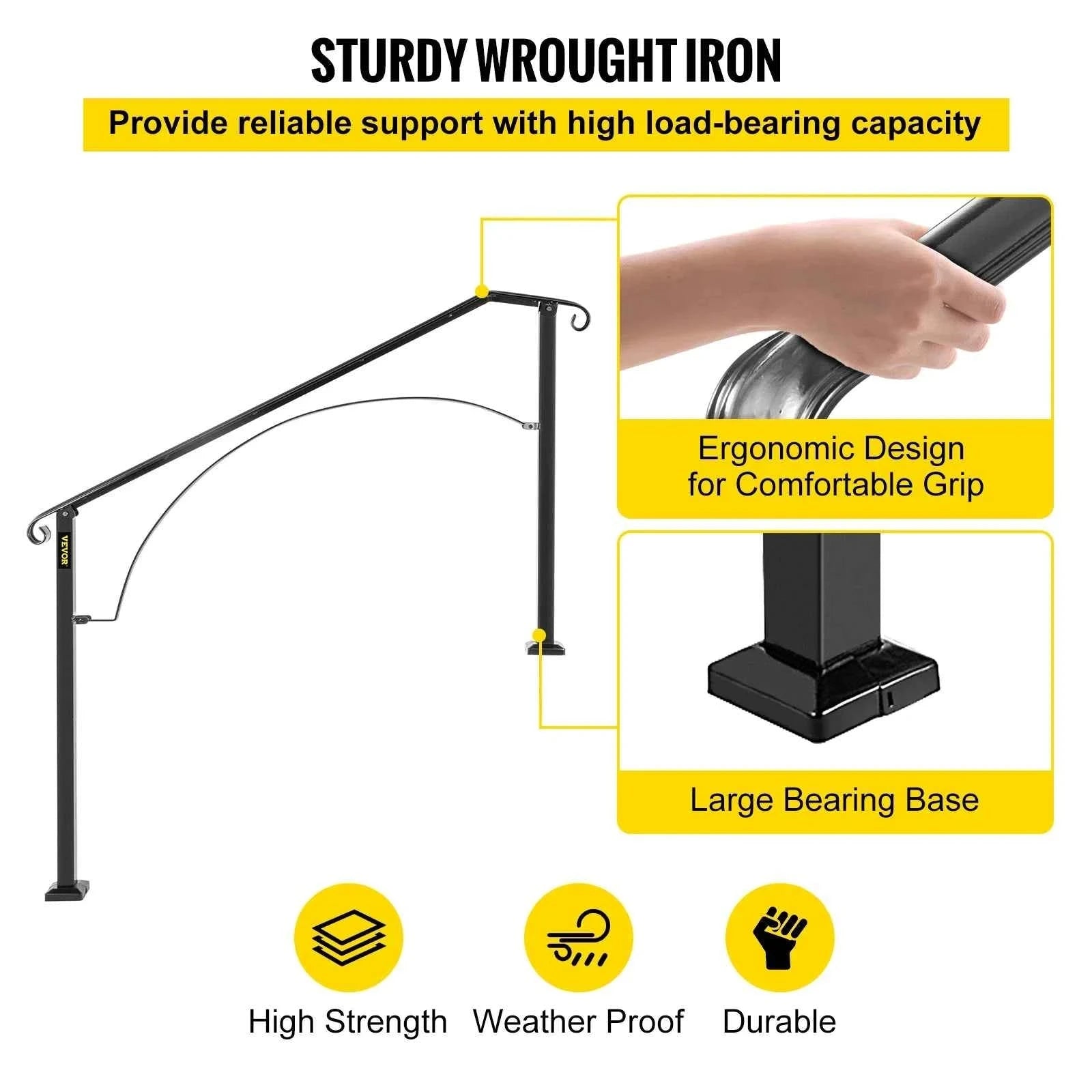 Outdoor Stair Handrail for 4 or 5 Steps, Wrought Iron, Black-4or5Steps / United States