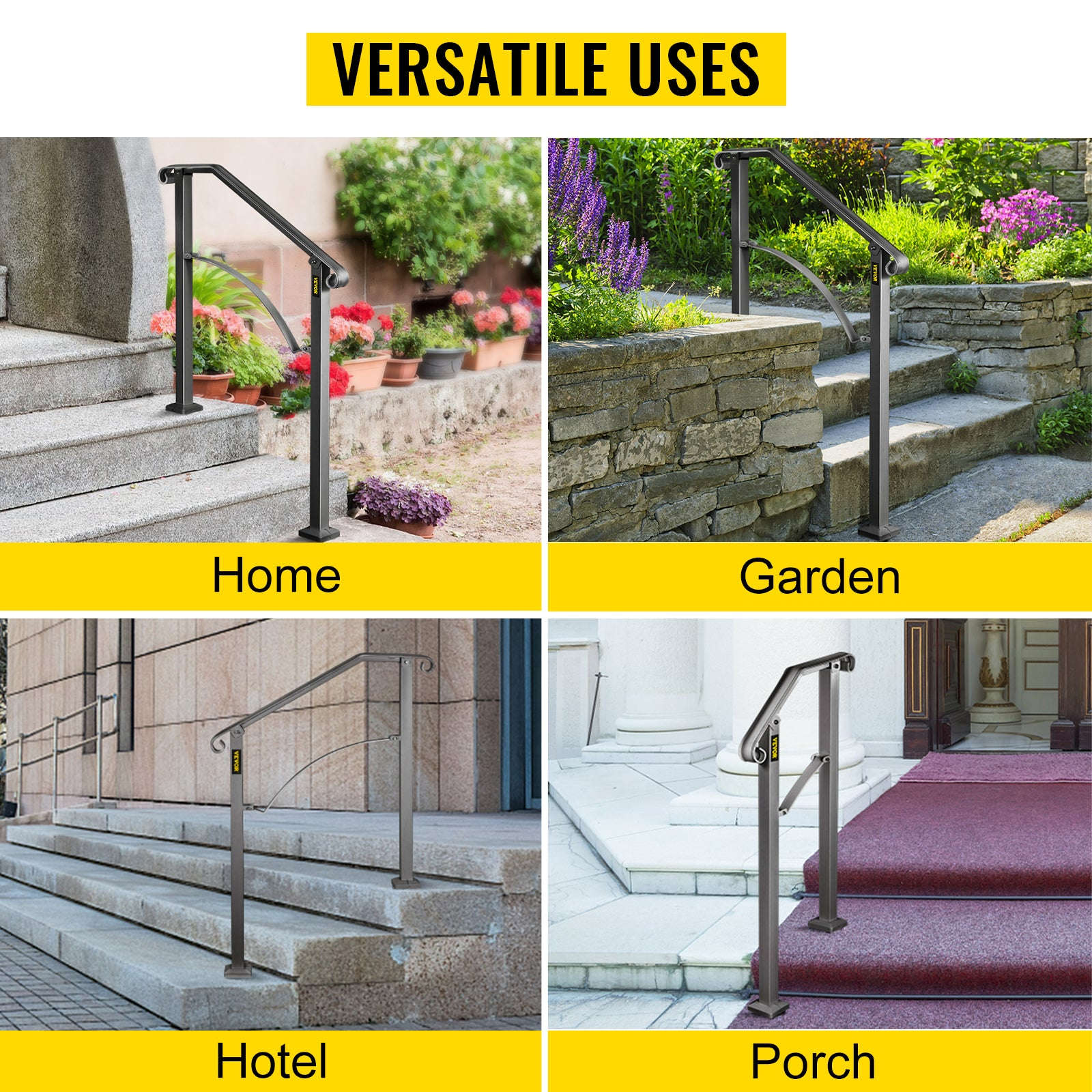 Outdoor Stair Handrail for 4 or 5 Steps, Wrought Iron, Black-4or5Steps / United States