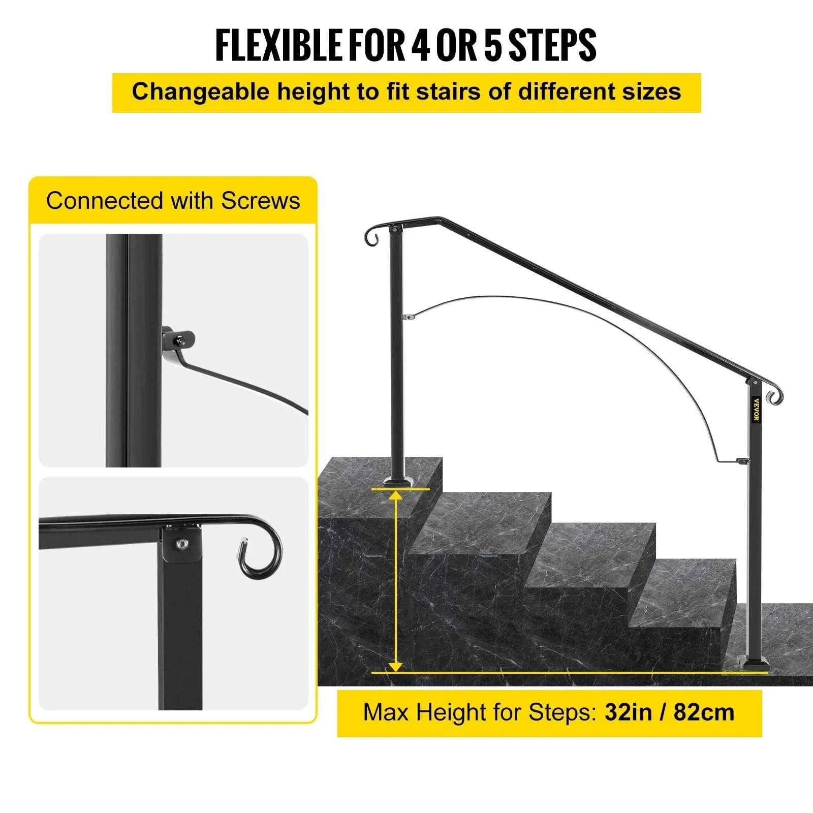Outdoor Stair Handrail for 4 or 5 Steps, Wrought Iron, Black-4or5Steps / United States