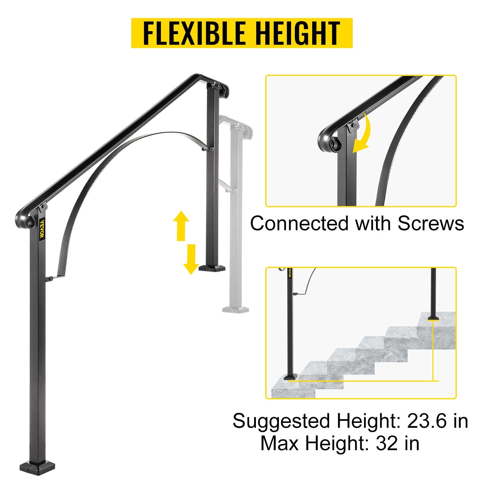 Outdoor Stair Handrail for 4 or 5 Steps, Wrought Iron, Black-4or5Steps / United States