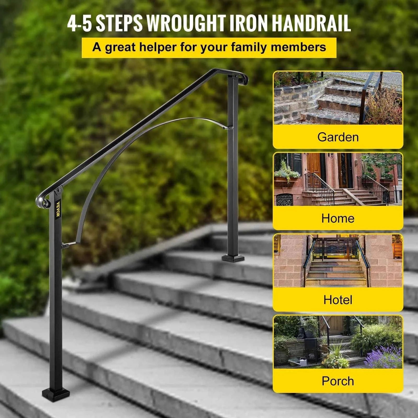 Outdoor Stair Handrail for 4 or 5 Steps, Wrought Iron, Black-4or5Steps / United States