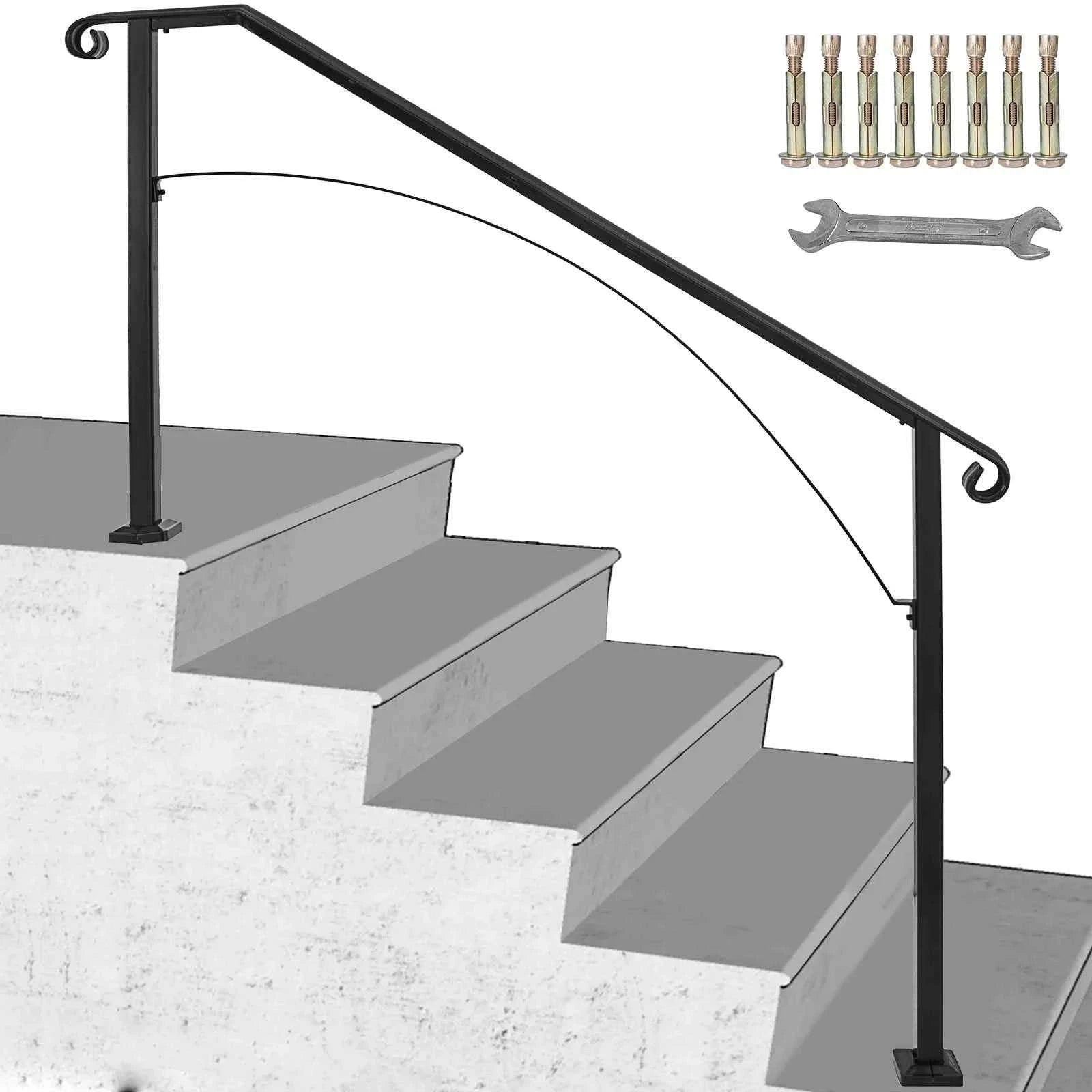 Outdoor Stair Handrail for 4 or 5 Steps, Wrought Iron, Black-4or5Steps / United States