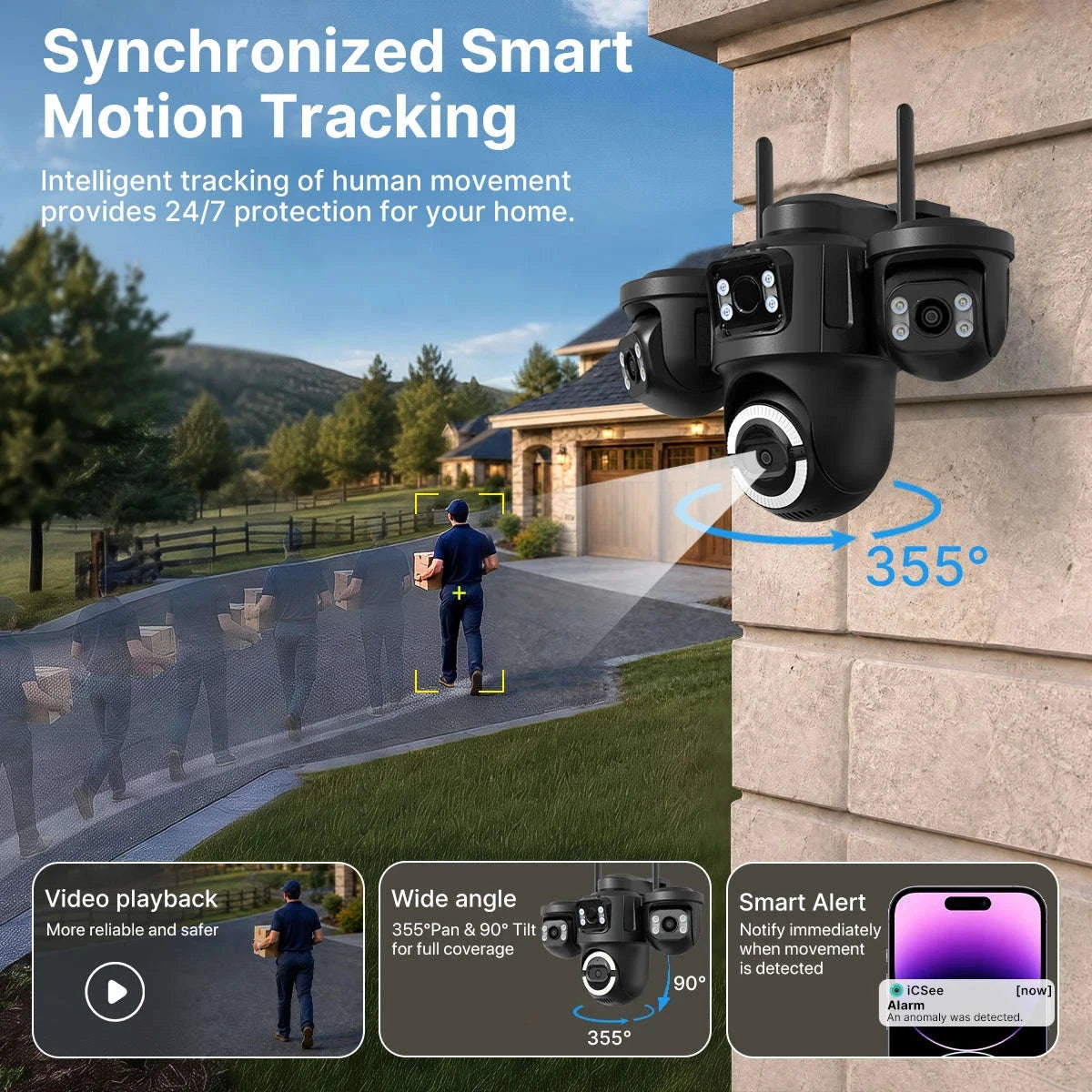 Outdoor Triple-Lens PTZ WiFi IP Camera with AI Motion Detection-Camera NO Card / EU Plug / Poland