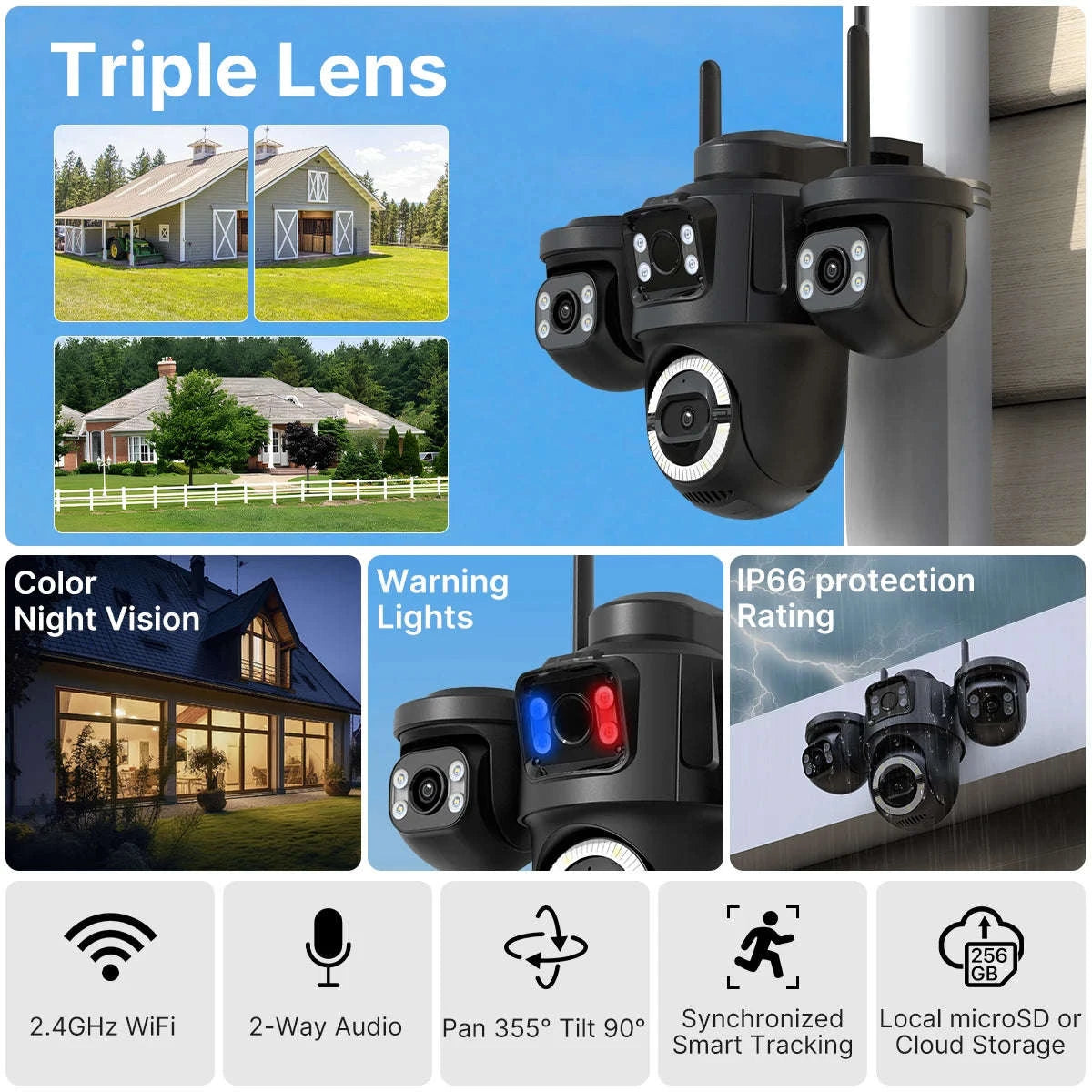 Outdoor Triple-Lens PTZ WiFi IP Camera with AI Motion Detection-Camera NO Card / EU Plug / Poland