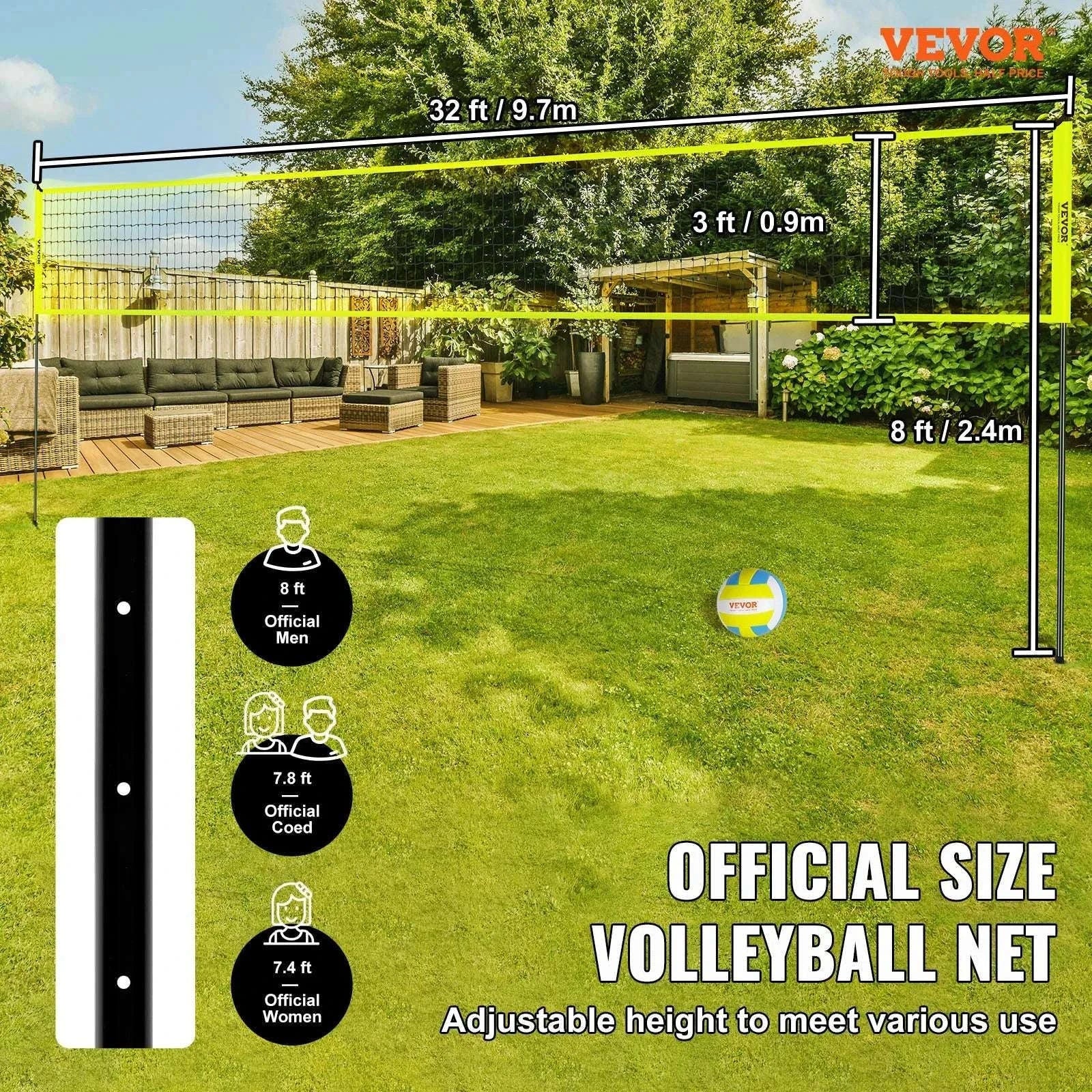 Outdoor Volleyball Net System with Adjustable Height and Steel Poles-yellow / United States