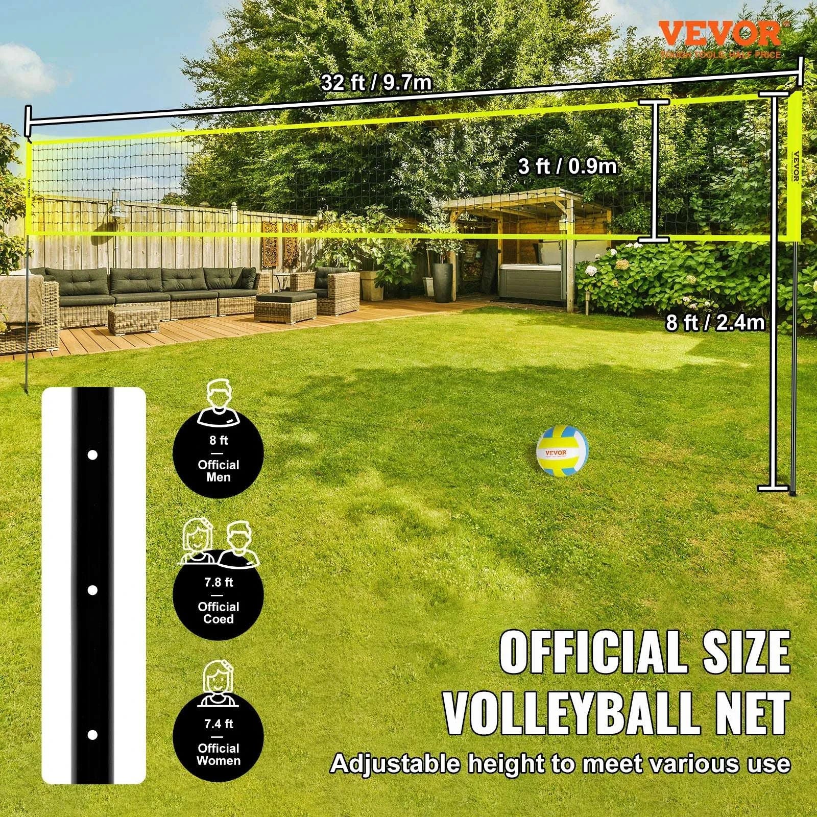 Outdoor Volleyball Net System with Adjustable Height and Steel Poles-yellow / United States