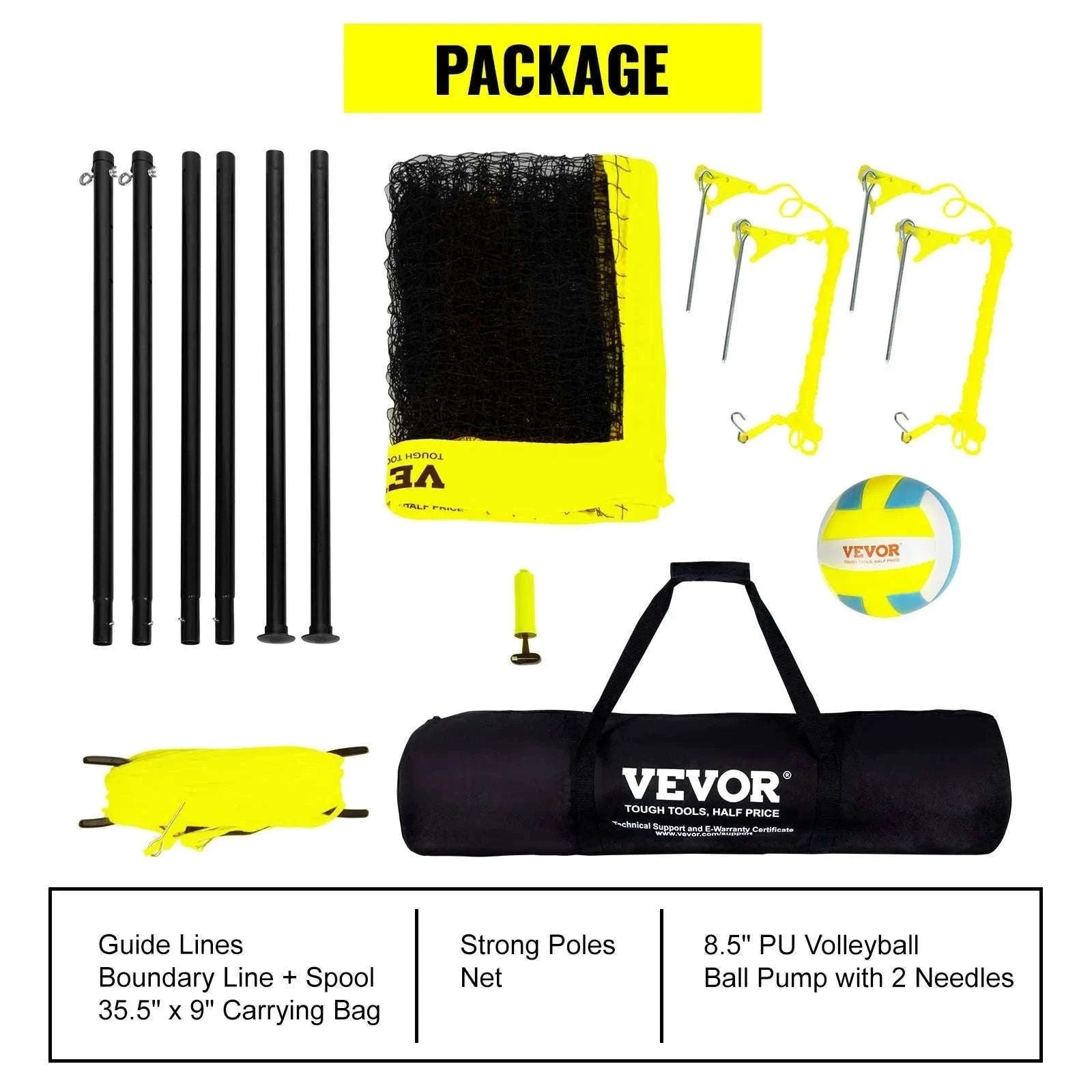 Outdoor Volleyball Net System with Adjustable Height and Steel Poles-yellow / United States