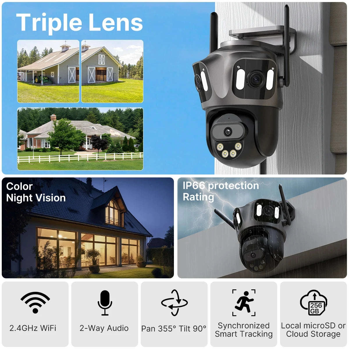 Outdoor WiFi PTZ Camera with Auto Tracking and Color Night Vision-6K With 128G Card / EU Plug / france