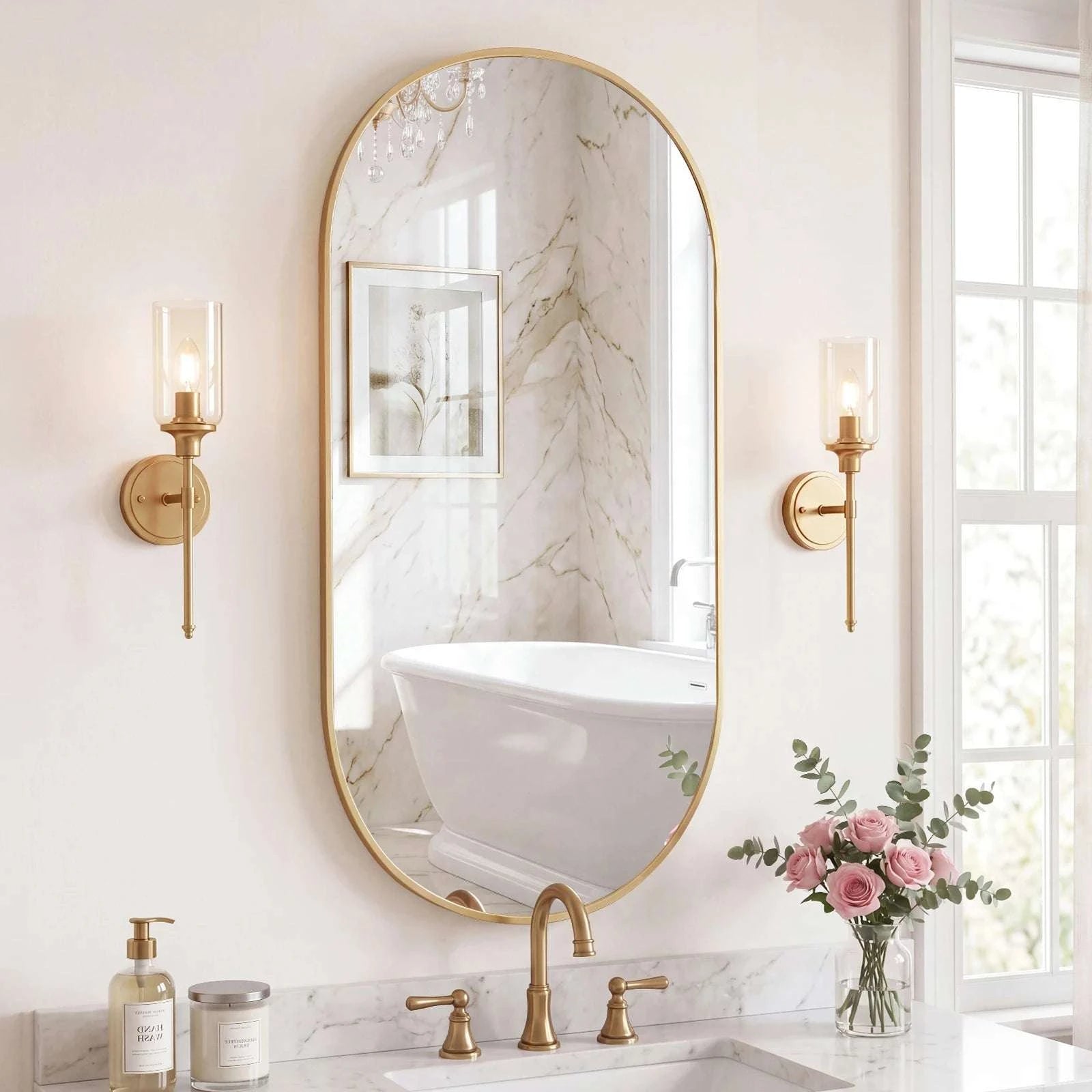 Oval Wall Mirror with Metal Frame – Modern Tempered Glass Decor-48L x 24W Gold / United States