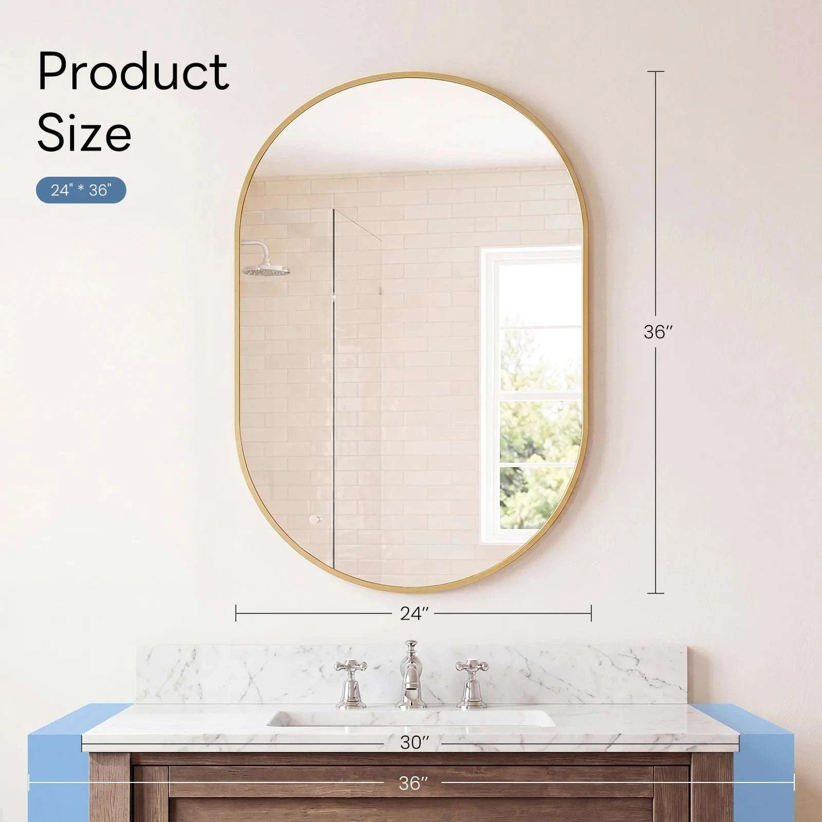 Oval Wall Mirror with Metal Frame – Modern Tempered Glass Decor-48L x 24W Gold / United States
