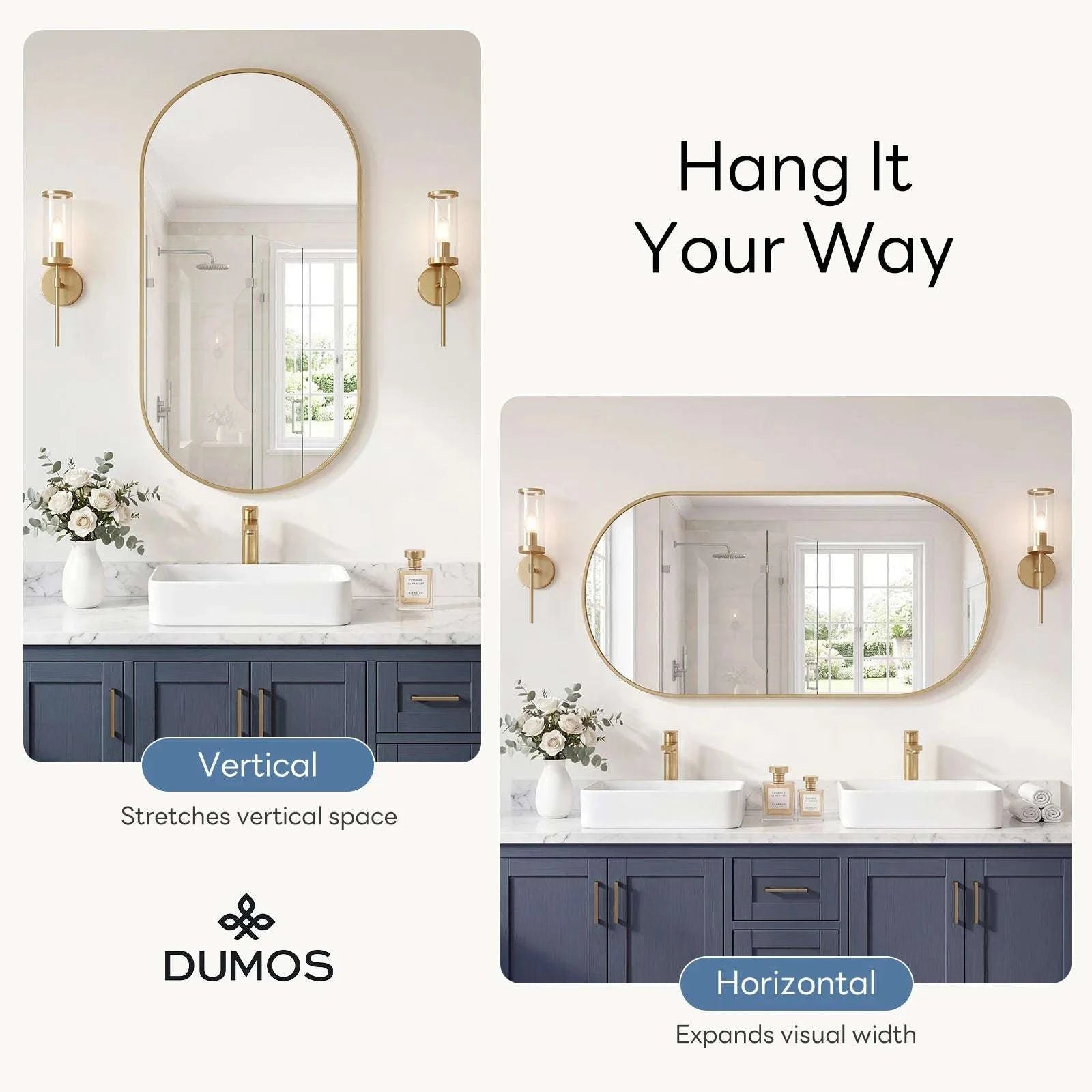 Oval Wall Mirror with Metal Frame – Modern Tempered Glass Decor-48L x 24W Gold / United States