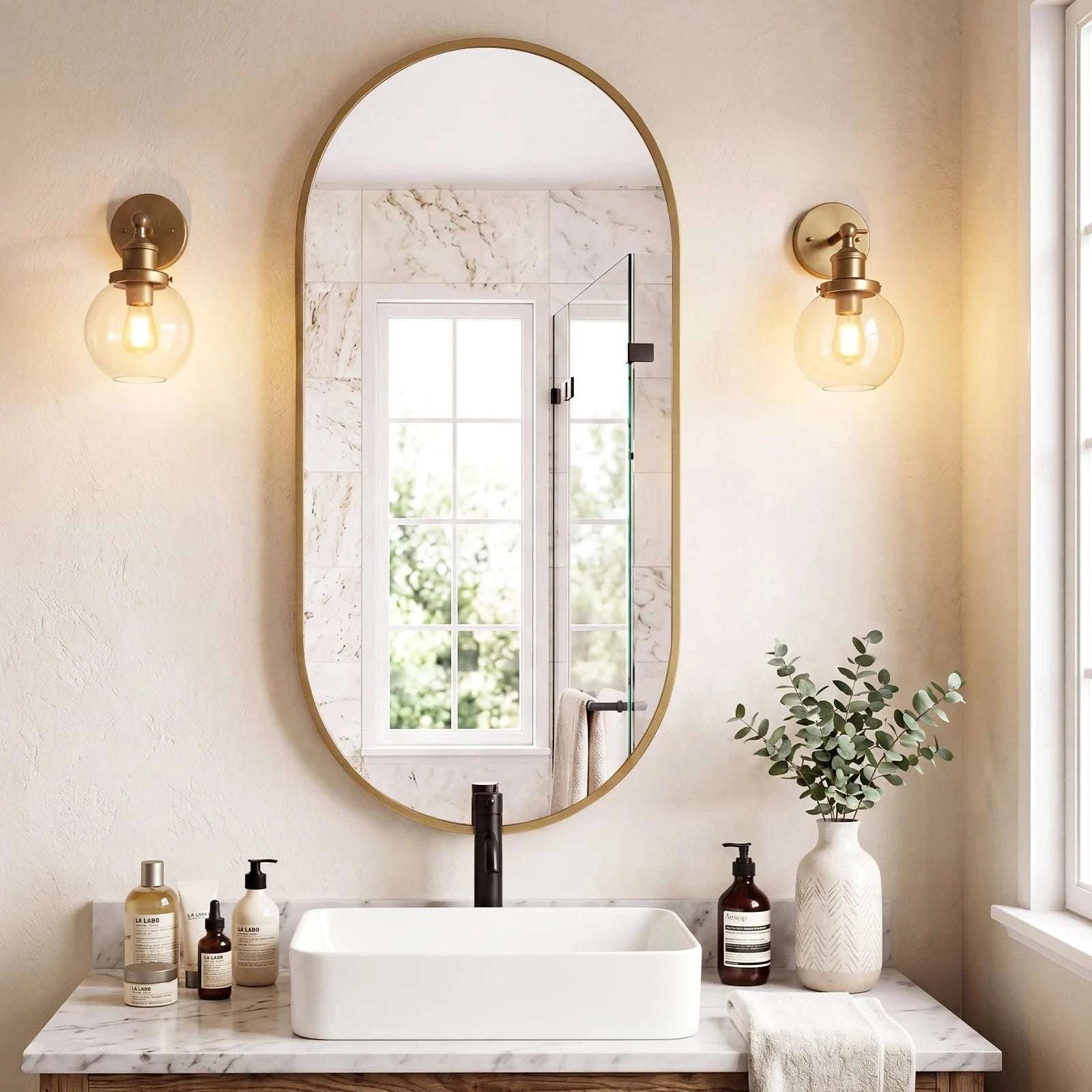 Oval Wall Mirror with Metal Frame – Modern Tempered Glass Decor-48L x 24W Gold / United States