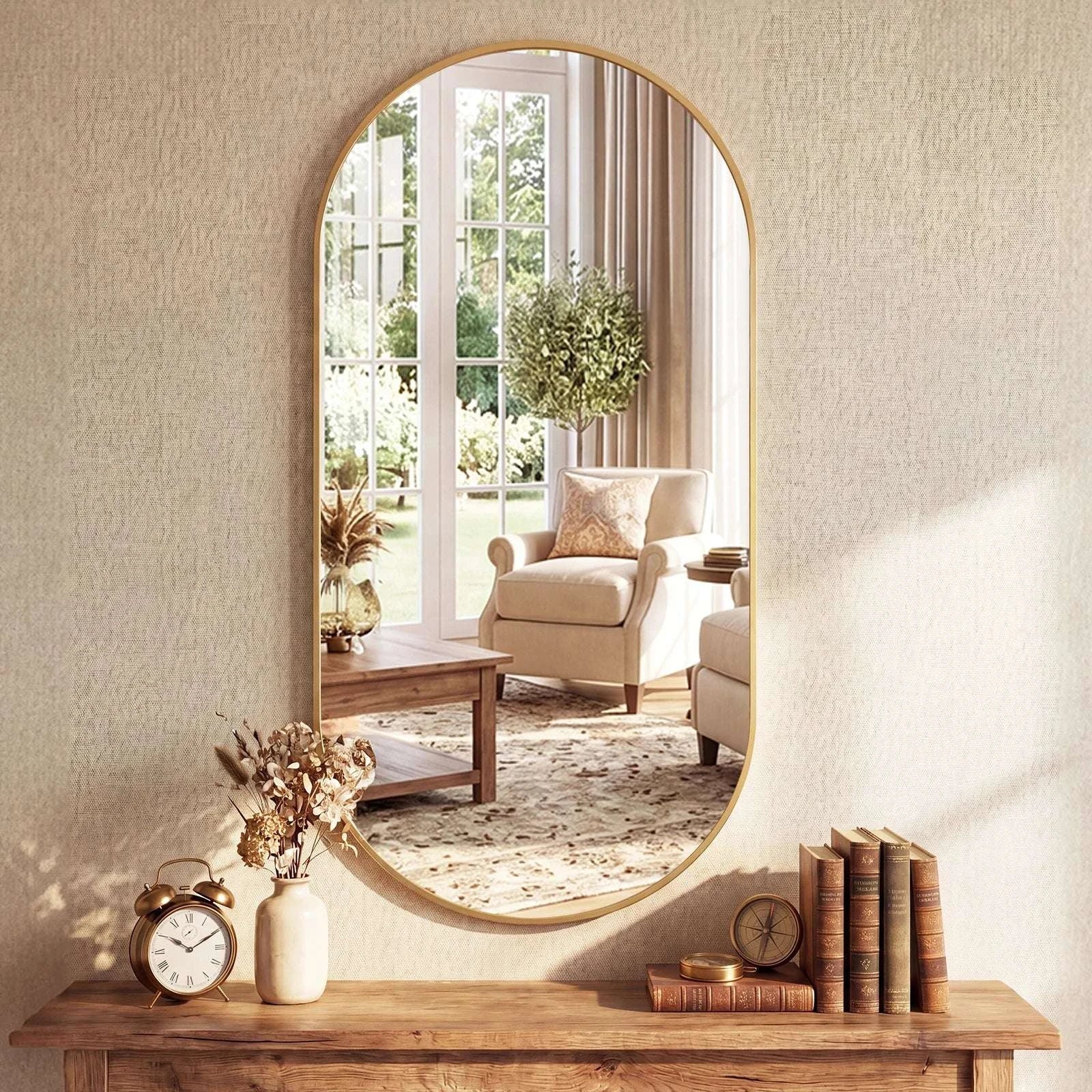 Oval Wall Mirror with Metal Frame – Modern Tempered Glass Decor-48L x 24W Gold / United States
