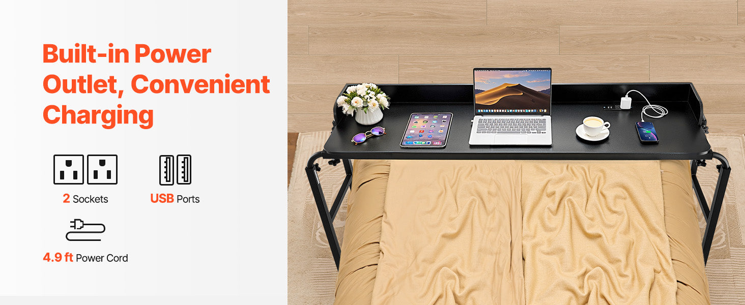 SucceBuy Overbed Table Mobile Bed Side Table w/ 4 Wheels&Power SocketHeight Adjustable Rolling Laptop Desk for Home Office Study