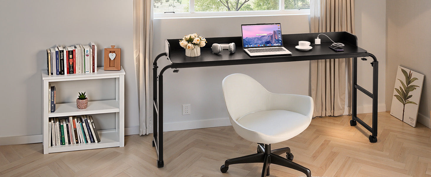 SucceBuy Overbed Table Mobile Bed Side Table w/ 4 Wheels&Power SocketHeight Adjustable Rolling Laptop Desk for Home Office Study
