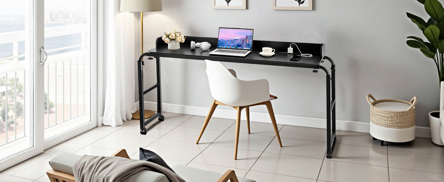 SucceBuy Overbed Table Mobile Bed Side Table w/ 4 Wheels&Power SocketHeight Adjustable Rolling Laptop Desk for Home Office Study