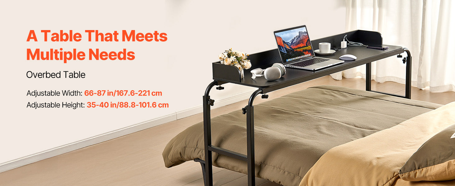 SucceBuy Overbed Table Mobile Bed Side Table w/ 4 Wheels&Power SocketHeight Adjustable Rolling Laptop Desk for Home Office Study