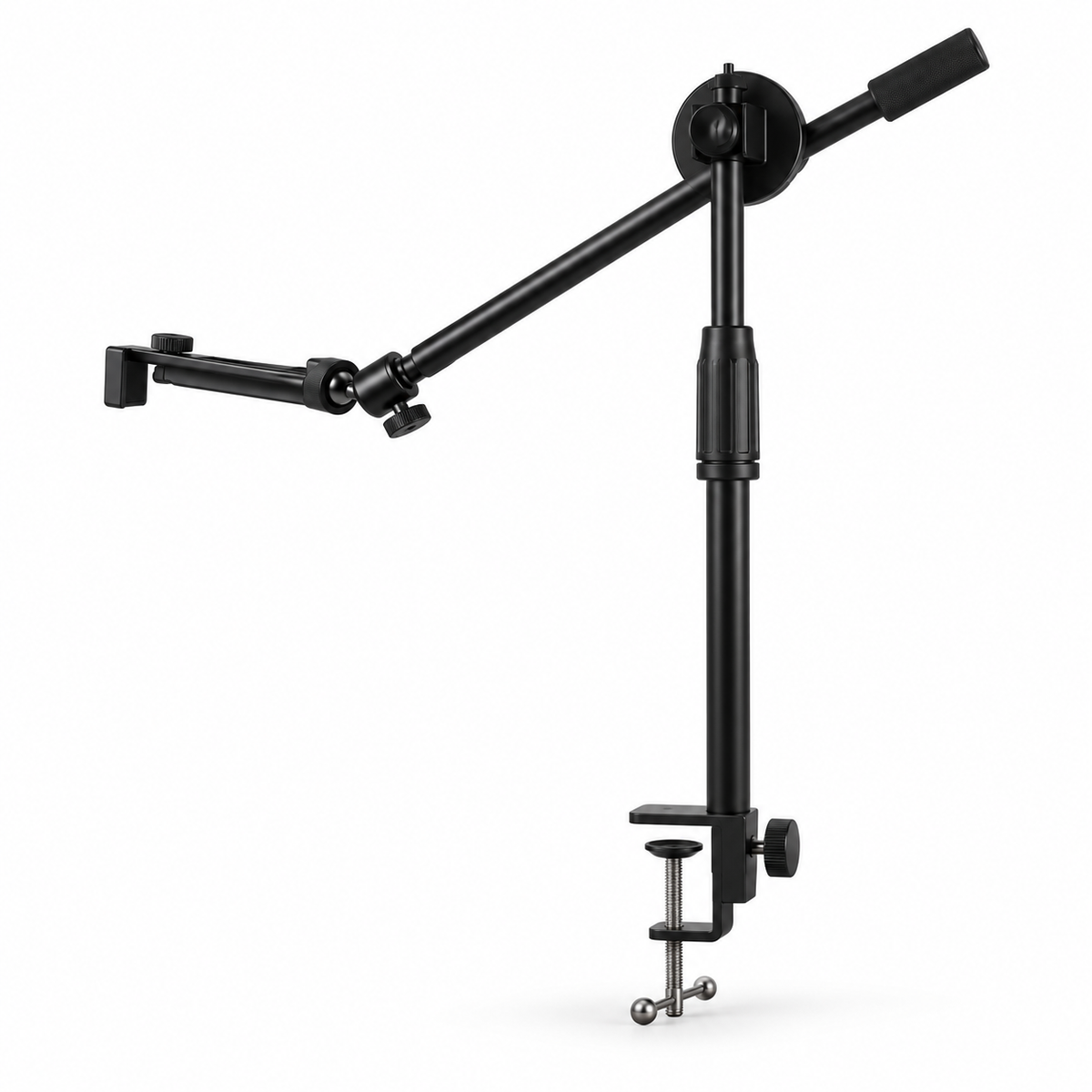 Black articulated overhead smartphone arm with desk clamp on white background