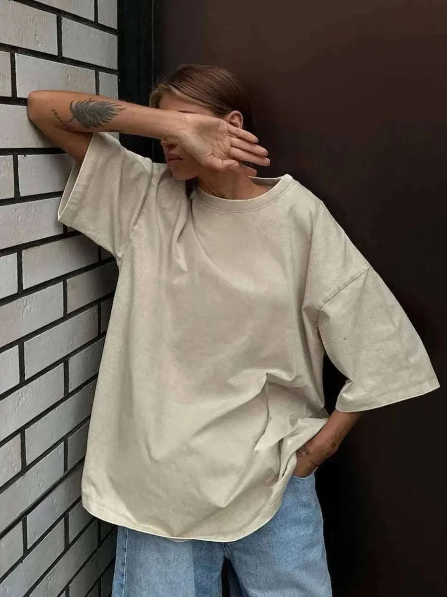 Oversized Cotton T-Shirt Loose Fit Solid Color Casual Tee-GRAY / XXXL