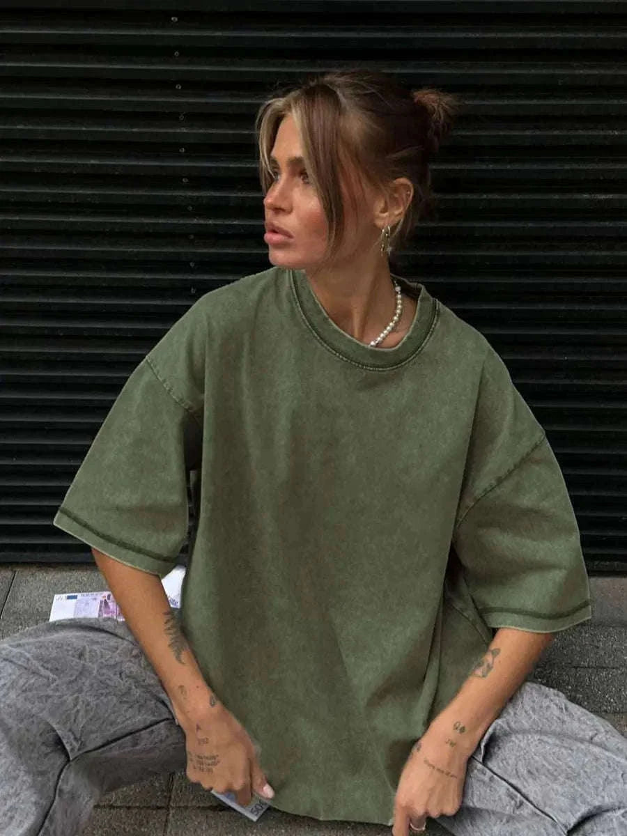 Oversized Cotton T-Shirt Loose Fit Solid Color Casual Tee-GRAY / XXXL