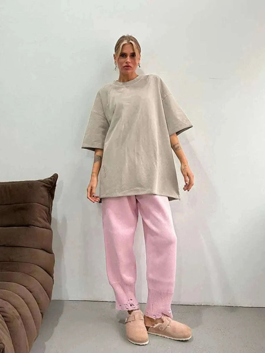 Oversized Cotton T-Shirt Loose Fit Solid Color Casual Tee-GRAY / XXXL