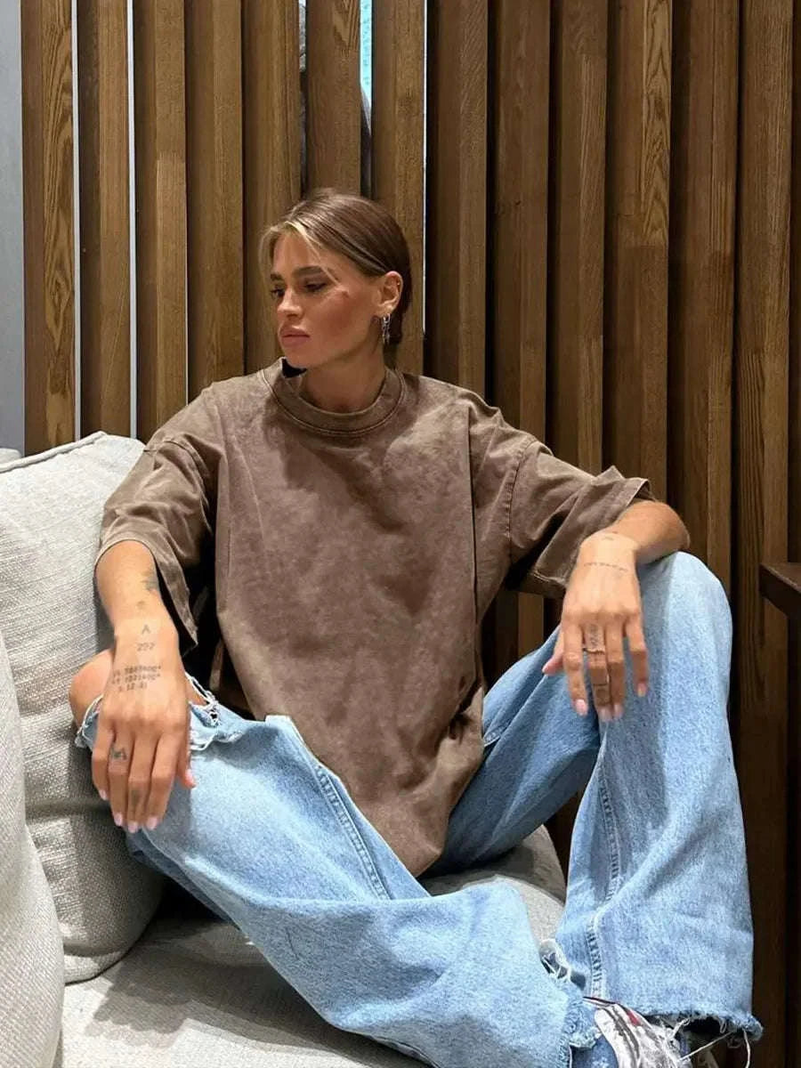 Oversized Cotton T-Shirt Loose Fit Solid Color Casual Tee-GRAY / XXXL
