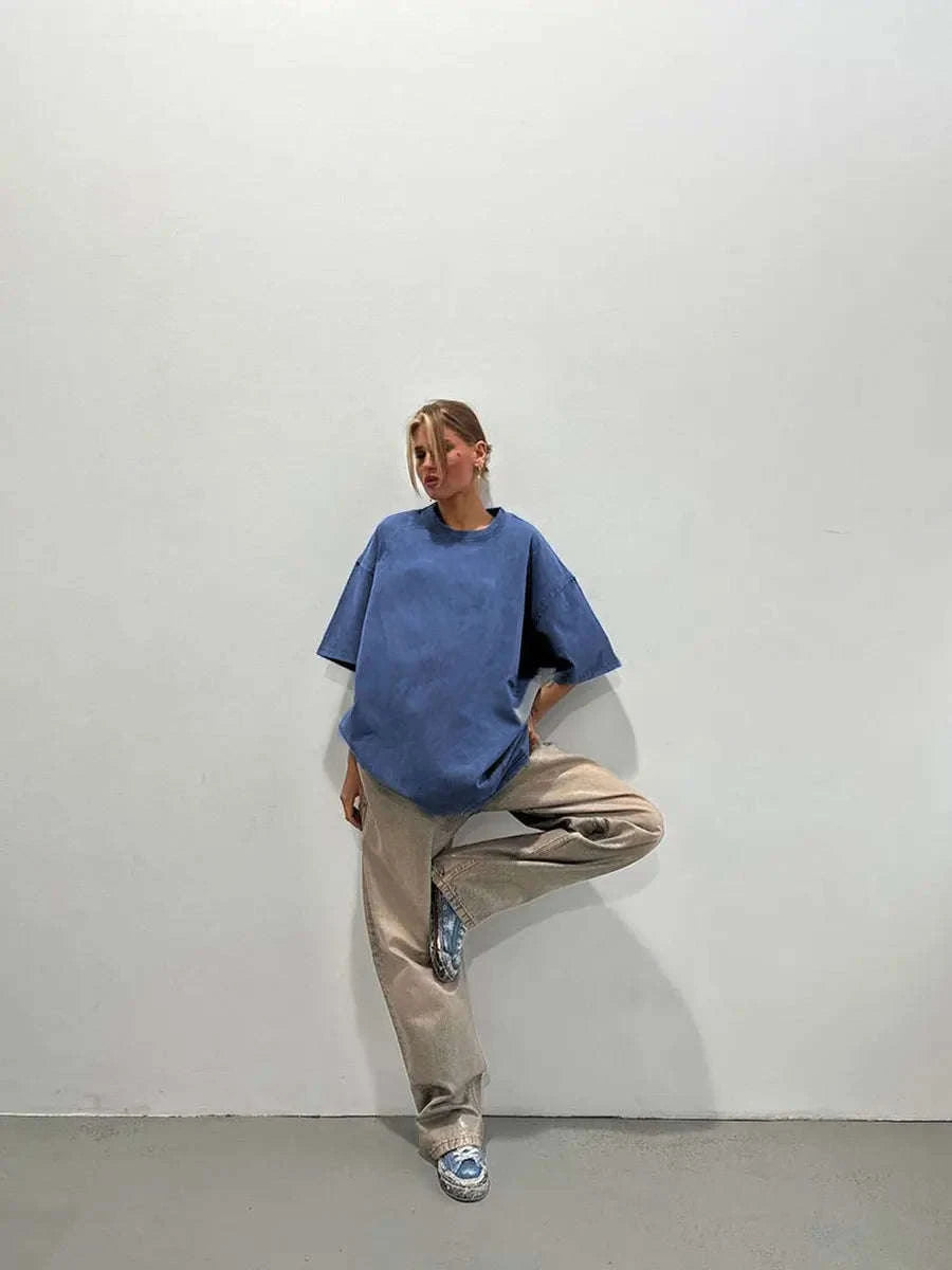 Oversized Cotton T-Shirt Loose Fit Solid Color Casual Tee-GRAY / XXXL