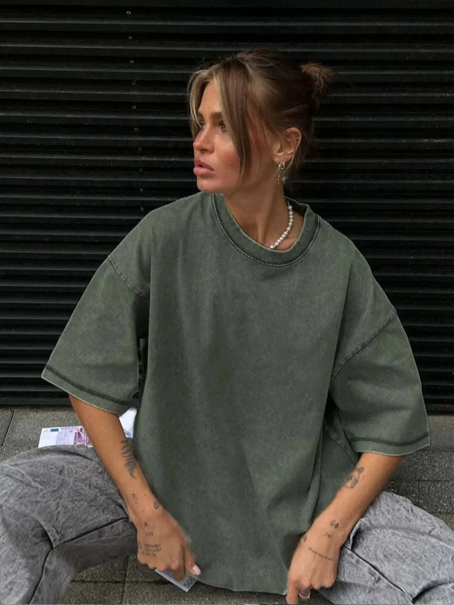 Oversized Cotton T-Shirt Loose Fit Solid Color Casual Tee-GRAY / XXXL