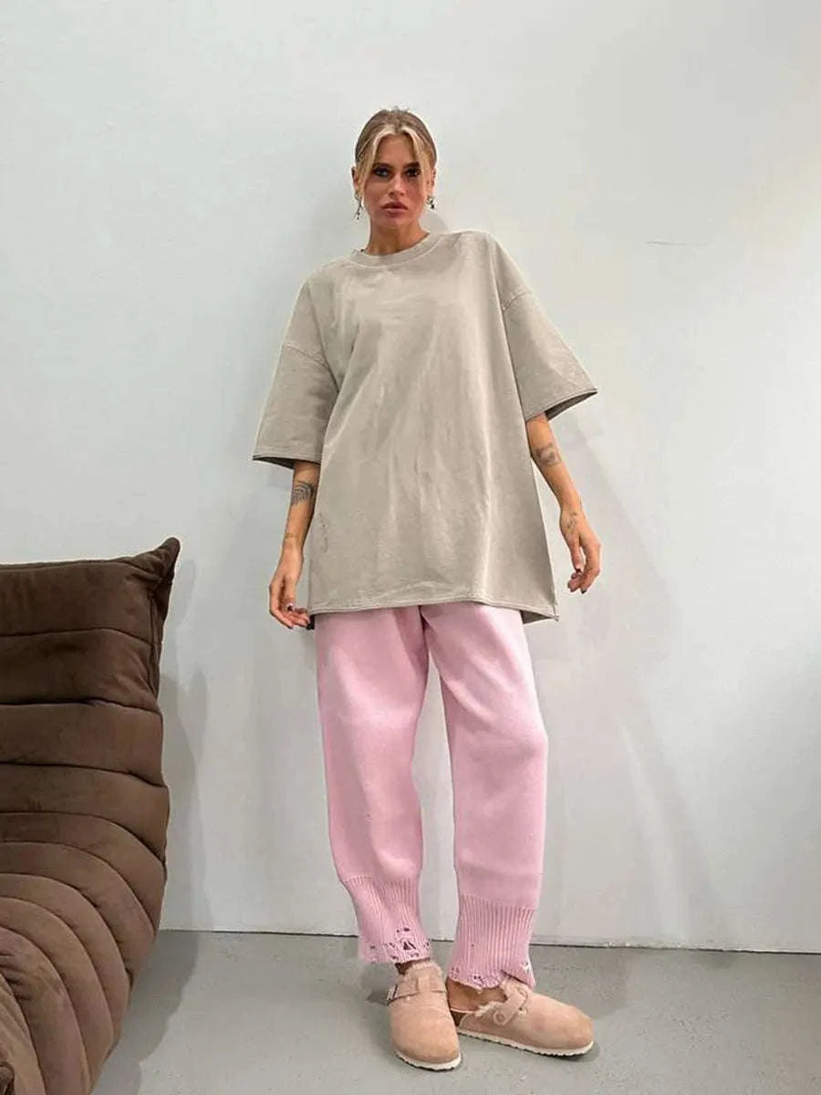 Oversized Cotton T-Shirt Loose Fit Solid Color Casual Tee-GRAY / XXXL