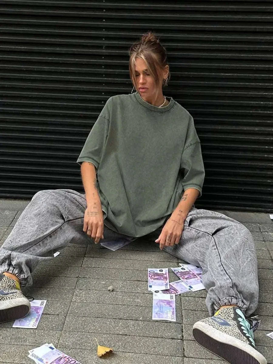 Oversized Cotton T-Shirt Loose Fit Solid Color Casual Tee-GRAY / XXXL