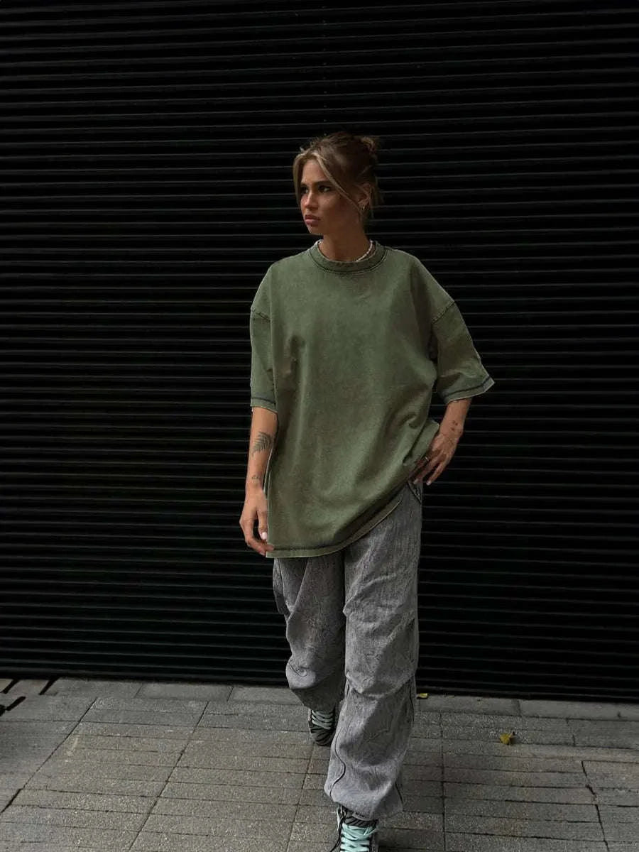 Oversized Cotton T-Shirt Loose Fit Solid Color Casual Tee-GRAY / XXXL