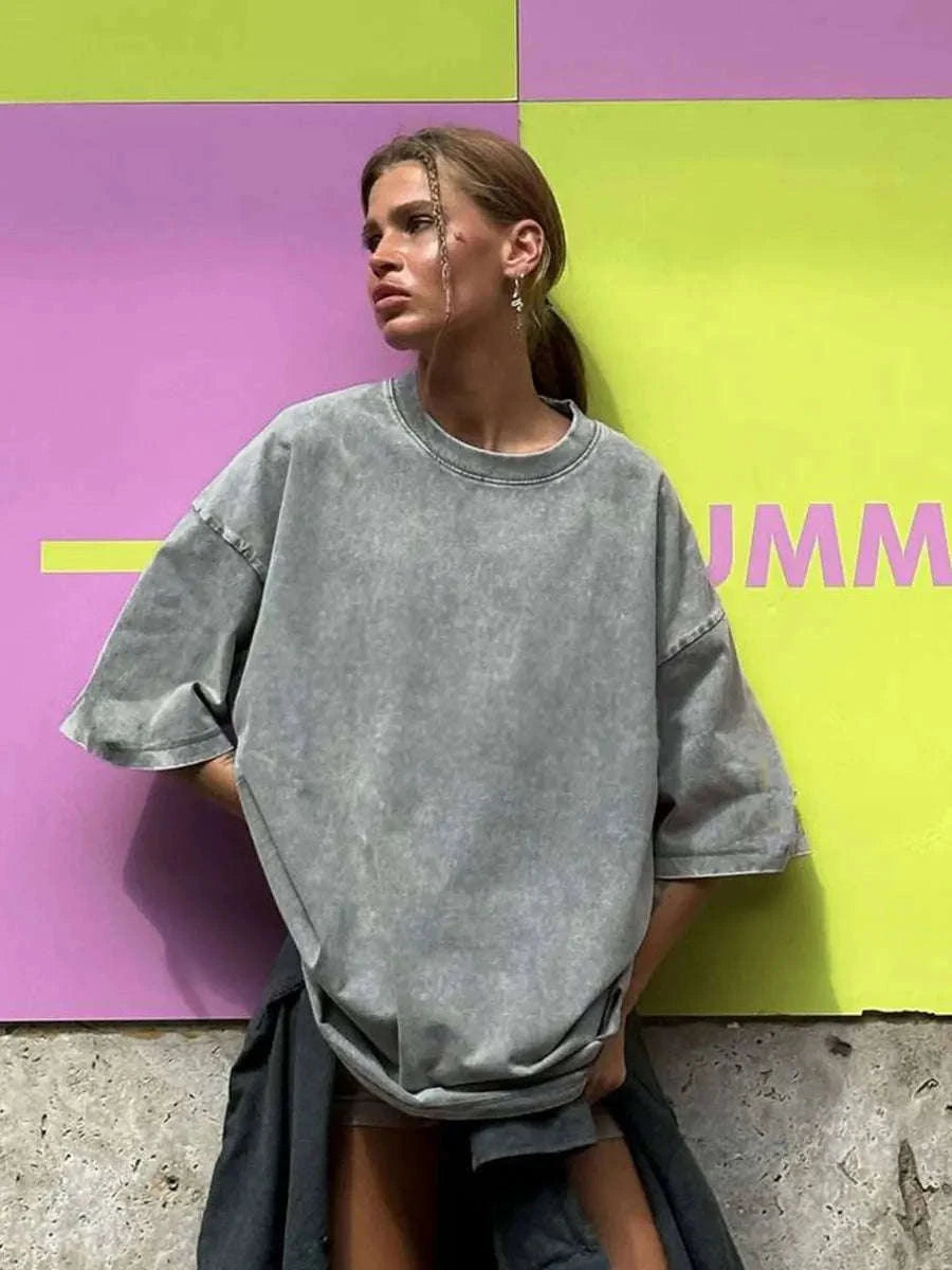 Oversized Cotton T-Shirt Loose Fit Solid Color Casual Tee-GRAY / XXXL