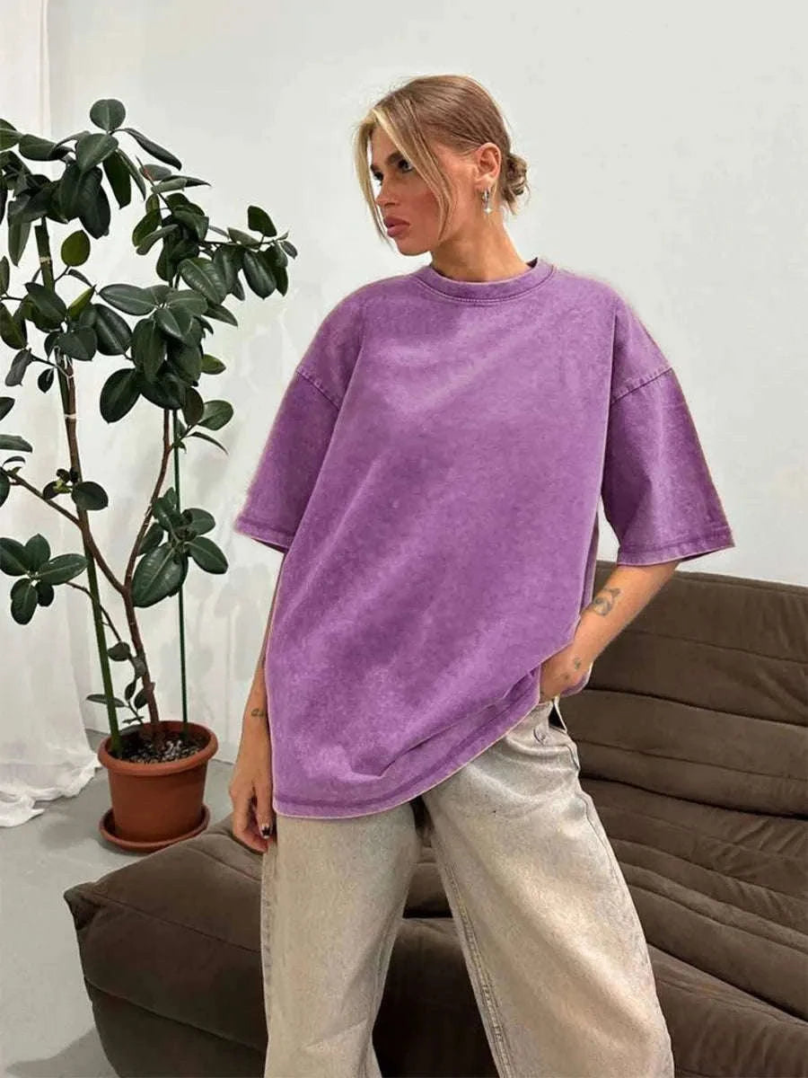 Oversized Cotton T-Shirt Loose Fit Solid Color Casual Tee-GRAY / XXXL