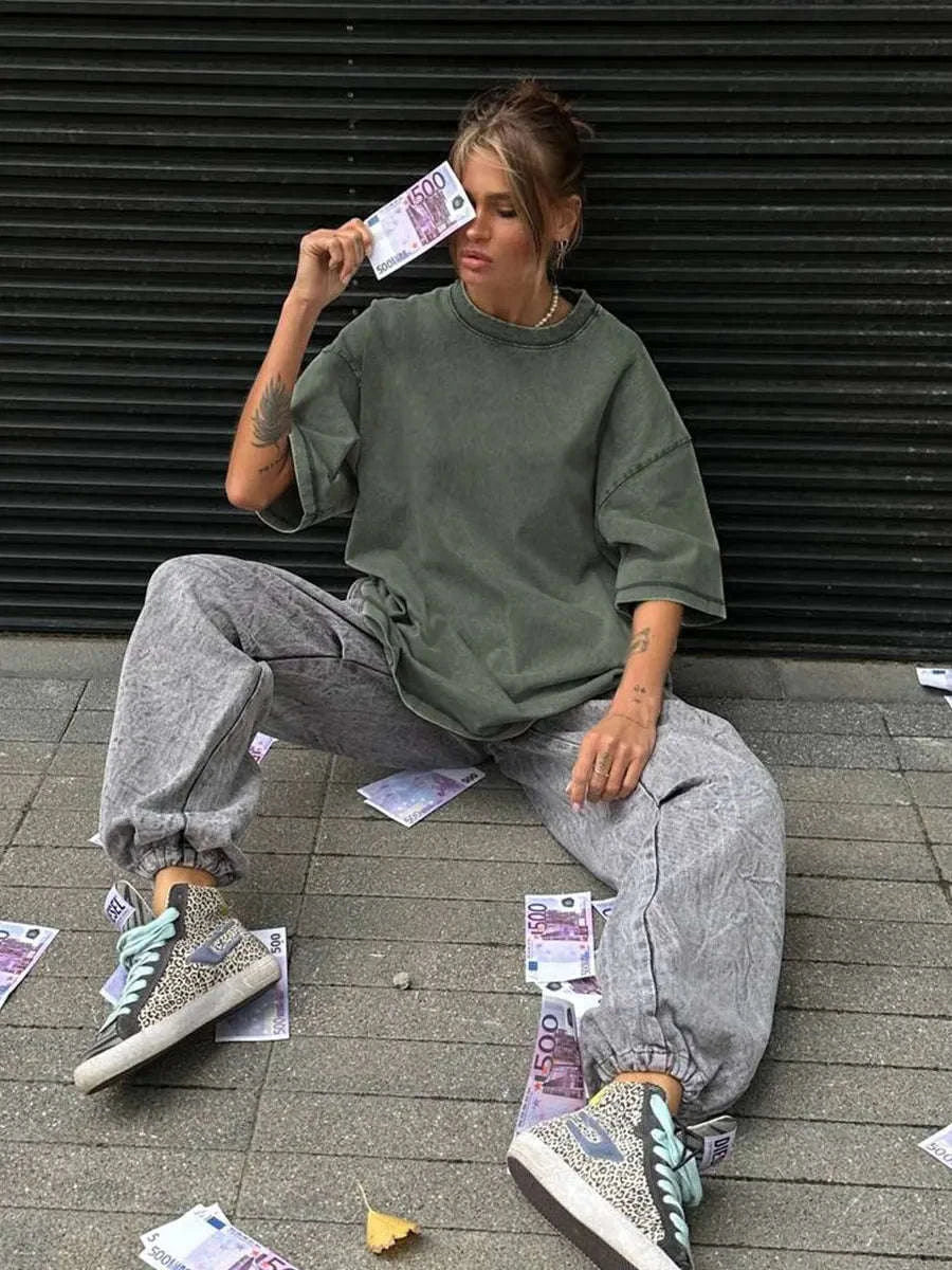 Oversized Cotton T-Shirt Loose Fit Solid Color Casual Tee-GRAY / XXXL