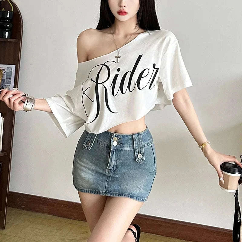 Oversized Off-Shoulder Graphic T-Shirt with Asymmetric Hem-Beige / S