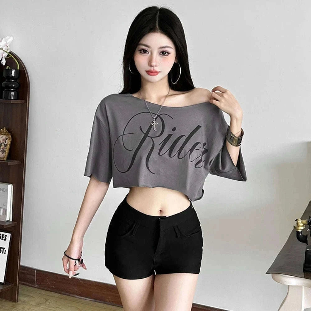 Oversized Off-Shoulder Graphic T-Shirt with Asymmetric Hem-Beige / S