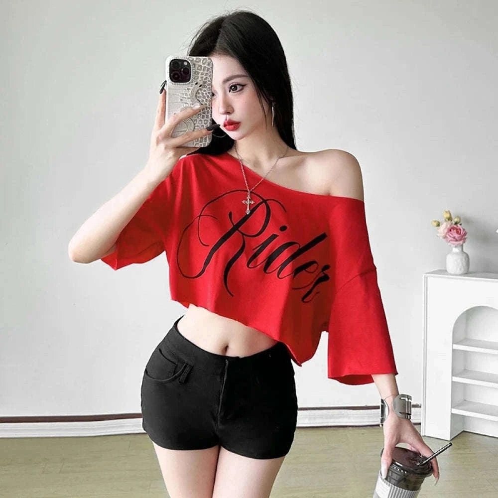 Oversized Off-Shoulder Graphic T-Shirt with Asymmetric Hem-Beige / S
